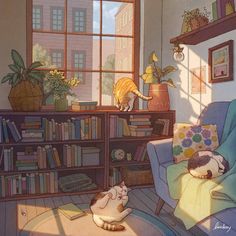 two cats sitting on the floor in front of a bookshelf with many books