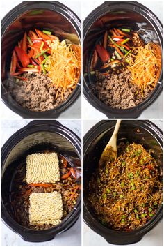 We're beefing up your ramen noodle packages by adding juicy ground beef, carrots, red peppers, and green onions to a crockpot to simmer in a flavorful, sweet and savory sauce. Slow cooker beef ramen is a Japanese-inspired dish that will satisfy even the hungriest teens! | www.persnicketyplates.com Slow Cooker Beef Ramen, Beef Ramen, Crockpot Dishes, Crockpot Recipes Slow Cooker, Crock Pot Cooking, Slow Cooker Beef, Crockpot Recipes Easy, Ground Beef Recipes, I Love Food