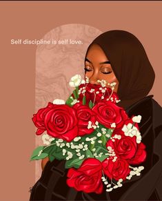 a woman holding a bouquet of red roses in her hands with the words self dislippine is self love