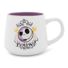 a white and purple coffee mug with the words, pumpkin king on it's side