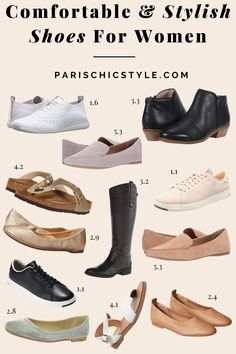 Don't sacrifice comfort for stylish shoes.  These are the most comfortable shoes for women that are chic & stylish for walking, work, travel, street style & everyday wear. #parischicstyle #bestshoes #mostcomfyshoes #besttravelshoes #bestshoesforwalking #bestshoesforwalk #streetstyleshoes #fashion #bestsneakers #bestboots #bestflats #bestballetflats #balletflats #sneakers #bestloafers #bestsandals #balletflatsforwalking #flatsforwalking #flatsforwork #travelshoes #stylishwalkingshoes #travel Stylish Walking Shoes, Best Loafers, Stylish Shoes For Women, Parisian Chic Style