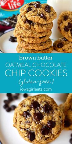 chocolate chip cookies stacked on top of each other with the words brown butter oatmeal chocolate chip cookies gluten free