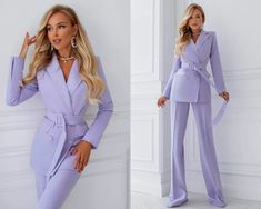 Lavender Women Oversize Suit Set Elegant Cocktail Office Work - Etsy Long Sleeve Office Sets With Pockets, Office Wear Sets With Pockets And Long Sleeves, Long Sleeve Sets With Pockets For Office, Business Long Sleeve Pantsuit With Pockets, Business Pantsuit With Pockets And Long Sleeves, Long Sleeve Pantsuit With Pockets For Work, Lavender Suits For Women, Lavender And White Outfit, Oversize Suit