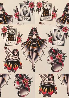 some tattoos on the back of a woman's arm and chest, with images of witches