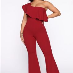 Brand New, Never Worn All Red One Shoulder Ruffled Jumpsuit. Full Stretch, Flare Bottom. Red Strapless Jumpsuit For Night Out In Spring, Red Strapless Jumpsuit For Spring Night Out, Flirty Red Jumpsuits And Rompers For Date Night, Red High Waist Jumpsuits And Rompers For Party, Red High-waist Jumpsuits And Rompers For Party, Chic Red High Waist Jumpsuits And Rompers, Chic Red Bodysuit For Date Night, Chic Red High-waisted Jumpsuits And Rompers, Red Stretch Jumpsuit For Date Night