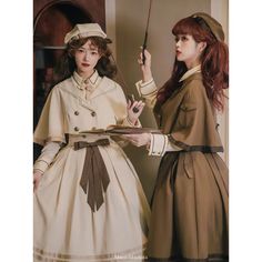 A classic cape, high-waisted skirt, and blouse that will make you look like a classy and elegant British lady. The cape has a double-breasted design, and the skirt is decorated with a ribbon on the front, giving it an elegant silhouette that will make your heart flutter. 
 
 
 Color 
 
 Brown 
 Ivory 
 
 
 Item 
 
 Cape 
 Skirt 
 Blouse 
 Beret 
 
 
 Size 
 
 Cape 
 
 S/M size 
 
 Length: 39.5cm 
 Shoulder width: 38cm 
 Sleeve length: 45cm 
 
 L/XL size 
 
 Length: 41.5cm 
 Shoulder width: 40cm Elegant Cape For Costume Party, Elegant Fitted Cape For Costume Party, Vintage Skirt For Costume Party, Elegant Beige Buttoned Skirt, Elegant Beige Skirt With Buttons, Brown Beret, Ivory Skirt, Ivory Blouse, Classic Skirts