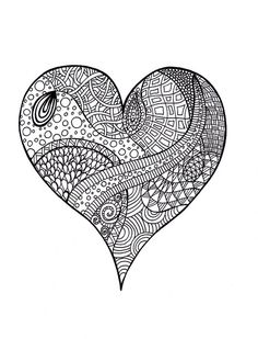 a black and white drawing of a heart with lots of doodled designs on it