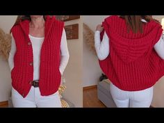 two pictures of a woman wearing a red sweater and vest with buttons on the back