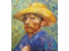 a painting of a man with a yellow hat and blue shirt is featured in the image