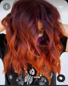 Red And Orange Shag Hair, Trendy Red Hair Color, Red Melt Hair Color, Burgundy Hair With Orange Highlights, Copper Hair With Fashion Colors, Red Into Orange Hair, Burnt Orange Ombre Hair, Fall Hair Colors Ombre, Balayage Hair Copper Blonde