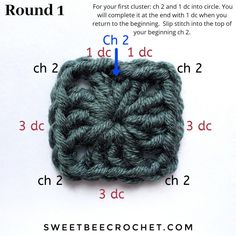 the crochet square is shown with instructions on how to knit it and how to do