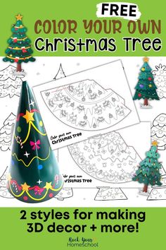 the christmas tree coloring page is shown with two styles for making 3d decor and more