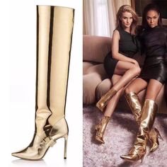 Stand out in style with these Gold Convertible Knee High Boots, fashioned from metallic mirror bright leather, perfect for proms or parties. Their knee-length design offers versatility, allowing them to be styled in multiple ways for a truly unique look. Party Boots, Black Thigh High Boots, Heels Prom, Leather Thigh High Boots, Black Thigh High, Prom Heels, Evening Sandals, Western Boots Women, Swimwear Tankini