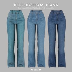 three different types of bell bottom jeans