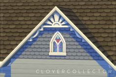 the roof of a house with a blue and white shingled dormer on it