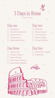 the 3 days in rome travel checklist is shown with pink ink on white paper