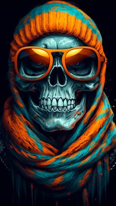 a skeleton wearing sunglasses and a scarf with orange glasses on it's head, in front of a black background