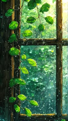 an open window with green leaves on the outside and rain coming in from behind it