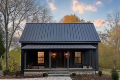 a small house with a metal roof and two doors on the front porch, surrounded by trees