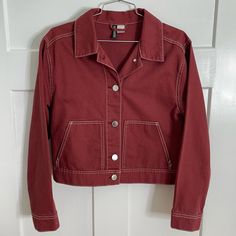 H&M Red Denim Jacket Nwot Size Small Dark Red/Brick Red Trendy Red Collared Outerwear, Casual Red Denim Outerwear, Casual Red Long Sleeve Denim Jacket, Red Denim Jacket With Pockets, Red Cotton Button-up Outerwear, Red Cotton Denim Jacket For Streetwear, Casual Red Cotton Outerwear, Red Long Sleeve Denim Jacket For Streetwear, Casual Red Denim Jacket For Streetwear