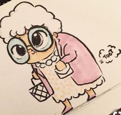 a drawing of an old woman wearing glasses