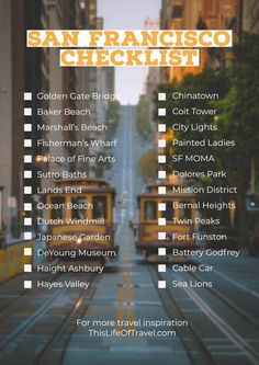 the san francisco checklist is shown in orange and white with an image of trolleys on