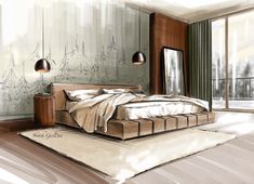 a drawing of a bedroom with a bed and two lamps on the side of it