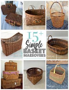 some baskets that are made from wicker and have the words 15 simple basket makeovers