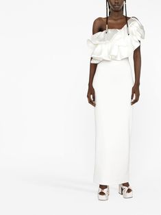 Solace London, Ruffle Maxi Dress, Designer Evening Dresses, Ladies Of London, Ruffled Maxi Dress, Cream White, Evening Wear, Women Collection, Ankle Length