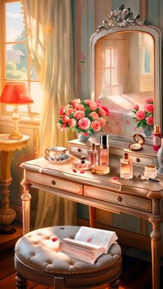 a painting of a dressing table with flowers on it