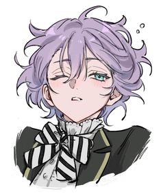 an anime character with purple hair wearing a black and white striped shirt, looking at the camera