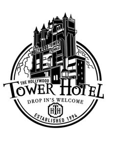 the tower hotel logo in black and white with an image of a building on it