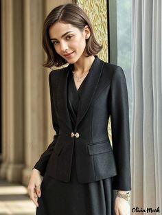 Olivia Mark - Khaki Waist Tie Petite Blazer Jacket Black Professional Outerwear For Office, Professional Long Sleeve Winter Suits, Black Single Breasted Long Sleeve Blazer, Professional Long Sleeve Suits With Pockets, Solid Long Sleeve Suits For Fall, Black Professional Blazer For Winter, Professional Black Blazer For Winter, Professional Black Winter Blazer, Tailored Professional Black Outerwear