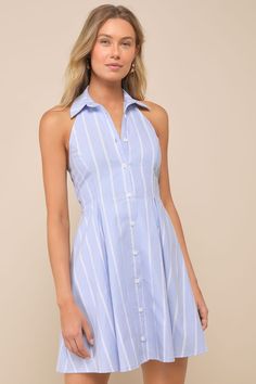 From the Hamptons to Monaco, stay picture-perfect in the Lulus Posh Beauty Light Blue Striped Collared Halter Mini Skater Dress! Lightweight, linen-inspired fabric (with a white striped design) shapes this chic little dress with a collared halter neckline and a princess-seamed bodice with an open-back design. The high, fitted waist sits atop a skater skirt with box pleats and a cute mini hem. Hidden back zipper/clasp. Casual Blue A-line Shirt Dress, Collared Mini Dress For Summer Day Out, Striped Collared Dresses For Vacation, Collared Summer Dresses For Daywear, Chic Collared Dress For Vacation, Chic Collared Summer Dresses, Collared Summer Day Dresses, Striped Collared Vacation Dress, Chic Blue A-line Shirt Dress