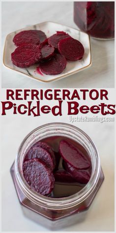 beet pickles in a jar with the text, refrigerator pickled beets