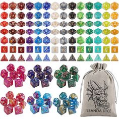 assorted dice set with drawsack bag and pouch for games, including six different colors