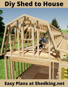 two men working on a house with the text diy shed to house easy plans at shedding net