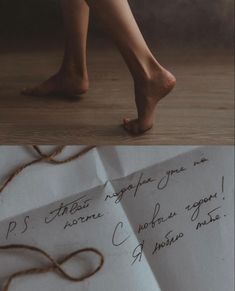 two photos one with a woman's foot and the other with her handwritten letter