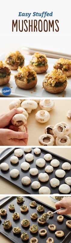 an image of mushrooms being cooked on a baking sheet with the title easy stuffed mushrooms