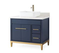 a bathroom vanity with a white sink and blue cabinetry on the bottom, against a white background