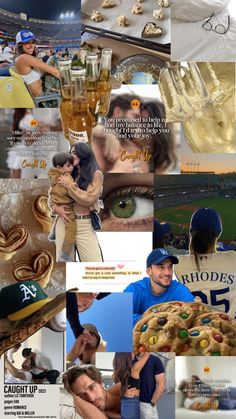 collage of baseball players and their families at a game with food, drinks, and snacks