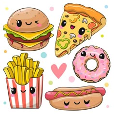 cartoon fast food set with hamburger, donut, pizza and french fries