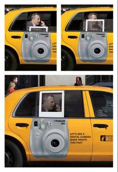 two pictures of a man in a camera on the side of a yellow taxi cab