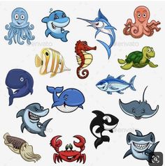 an assortment of cartoon sea animals on a white background - animals characters, objects & objects