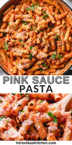 pink sauce pasta in a skillet with parmesan cheese