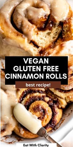 vegan gluten free cinnamon rolls on a white plate with the title overlay