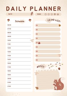 a daily planner with animals and leaves on the page, including dates to do list