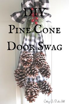 pine cone door swag hanging on the front door with text overlay that reads diy pine cone door swag