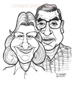 a caricature drawing of two people with their faces close to each other, smiling