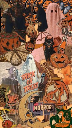 halloween collage with pumpkins, ghost and other items in orange colors on an orange background